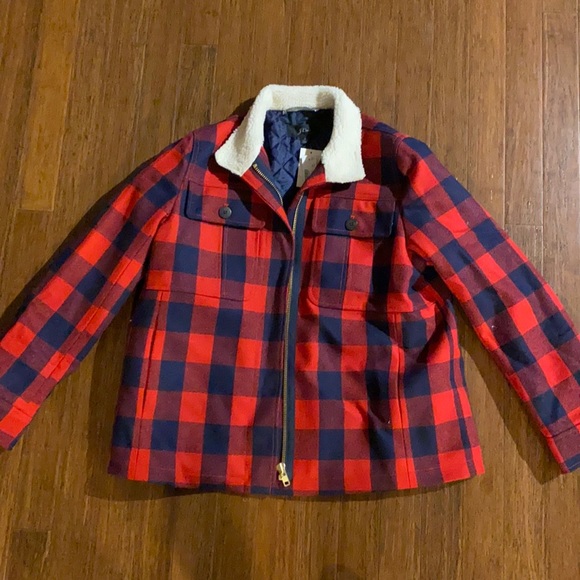 J.Crew Wool Sherpa Jacket Shacket Check Plaid Red - S - Picture 3 of 6